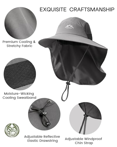FURTALK Sun Hats for Men Women Fishing Hat with Neck Flap Chin Strap UPF 80+ Wide Brim Hiking Safari Summer Hats - color: Dark Grey