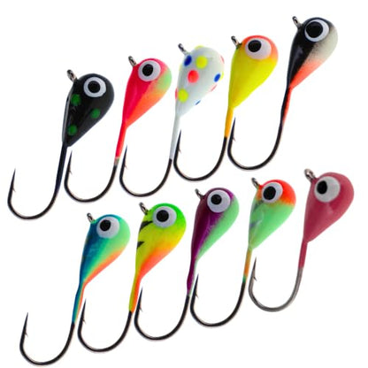 Reaction Tackle Tungsten Ice Fishing Jigs, Tear Drop Jig Heads that Glow with UV Light for Panfish, Crappie, Walleye, Perch, Trout and Bluegill - color: 10-pcs Variety Pack, size: 6 mm Long