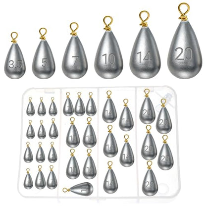 Casting Sinker Weights Assortment, 30PCS Teardrop Fishing Sinkers with Brass Swivel Loops, 1/8 oz to 3/4 oz, Drop Shot Weights for Bass Catfish, Freshwater Saltwater