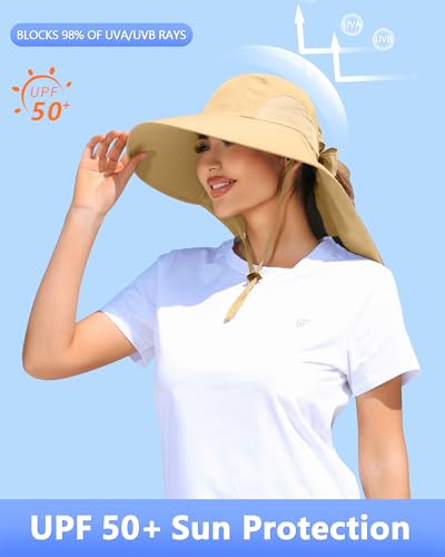 Womens Sun Hat Outdoor UV Protection Wide Brim Fishing Hat with Ponytail Hole Neck Flap for Beach Hiking Camping - color: Khaki