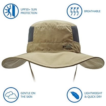 BASSDASH UPF 50+ Sun Fishing Hat Water Resistant with Detachable Neck Flap - color: Dark Khaki - Big Head Size