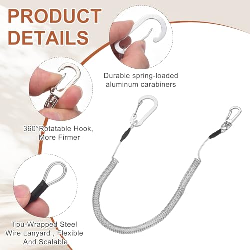 PATIKIL Fishing Lanyard, (78.74" Length, Silver) (3Pcs), Retractable Coiled Tether Anti-Lost Rope Coiled with Carabiners and 360° Safety Buckle, Suit for - Fishing/Hunting/Hiking/Boating - color: Silver, size: 78.74"
