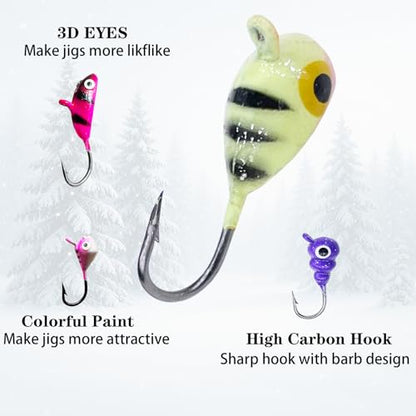 Ice Fishing Jigs Kit Luminous Ice Fishing Lures Soft Plastic Baits Crappie Jig Heads Ice Fishing Gear for Crappie Panfish Walleye Ice Fishing 70pcs