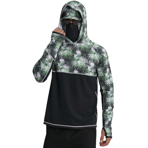 Men's Performance Fishing Shirts,Sun Protection Hoodie Long Sleeve UPF 50+ Hiking Shirt with Mask Cap - color: Dark Green, size: Small