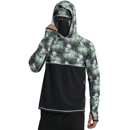 Men's Performance Fishing Shirts,Sun Protection Hoodie Long Sleeve UPF 50+ Hiking Shirt with Mask Cap - color: Dark Green, size: X-Large