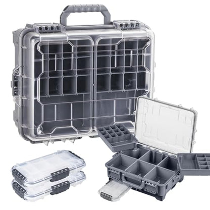 THKFISH Waterproof Tackle Box, Portable Fishing & Tackle Storage Box with Two 3500 Stowaway Boxes and Removable Dividers, Tackle Box, Thicker Floating Airtight Stowaway,Pink/Green/Blue/Grey - color: M-Grey