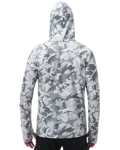 FISHEAL Men's Performance Fishing Hoodie Shirt - UPF 50+ Sun Protection Long Sleeve Thumbholes Shirts with Neck Gaiter - color: Castle Gray, size: Medium