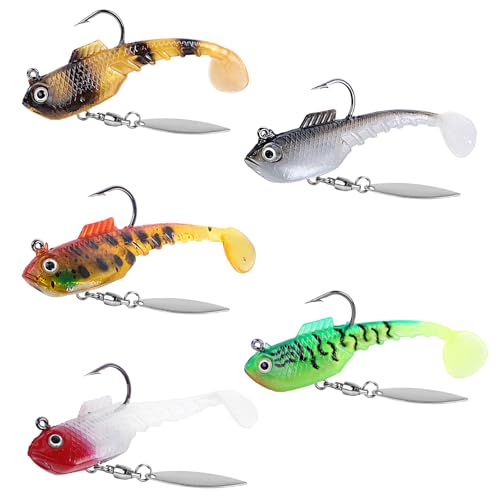 RYACO Soft Fishing Lures, Pre-Rigged Jig Soft Plastic Fishing Lures with Reflective Spinner, Paddle Tail Swimbaits for Bass Trout Walleye Crappie Fishing Jigs, 5PCS