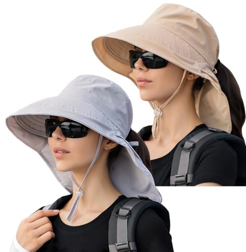 Womens Sun Hat UPF 50+ Wide Brim and Ponytail Hole, Hiking Safari Hat with Neck Flap… - color: Light Grey+beige