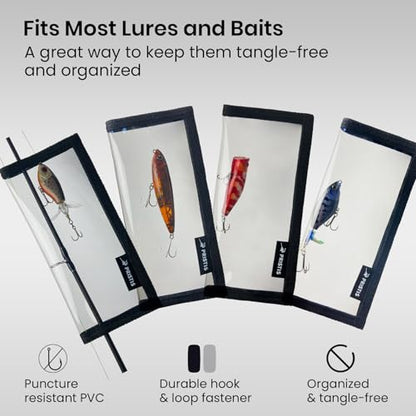 Pristis 4 Pack Fishing Lure Wraps, Clear Hook Cover Bait Keeper for Saltwater Freshwater, Durable PVC Tackle Storage Bag Kit with Hook & Loop Tape, 7.5''L Easy Open Organizer Protector Gear