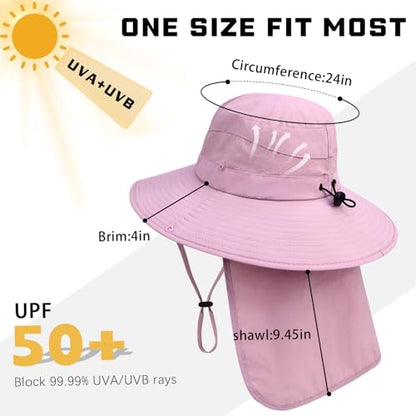 Sun Hats for Men Women, UPF50+ Protection Safari Hat,Wide Brim Fishing Hat with Neck Flap,Bucket Hats for Beach Hiking - color: Pink1