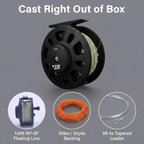 YYKBlueSky 5/6wt Fly Fishing Reel, Aluminum/Plastic Frame Optional, Smooth Drag System, Pre-Loaded Line Set (Including WF5F Floating+20LBS Backing+4X/5X/6X Taper Leader+4X/5X/6X Tippet) - style: For Fly Fishing