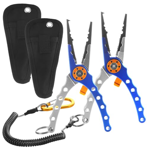2 Pack Fishing Pliers Saltwater, Aluminum Fish Pliers with Black Sheath and Coiled Lanyard, Jaw Fishing Hook Remover, Split Ring Tool and Line Cutter for Boat, Kayak and Fly Fishing