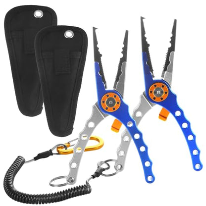 2 Pack Fishing Pliers Saltwater, Aluminum Fish Pliers with Black Sheath and Coiled Lanyard, Jaw Fishing Hook Remover, Split Ring Tool and Line Cutter for Boat, Kayak and Fly Fishing