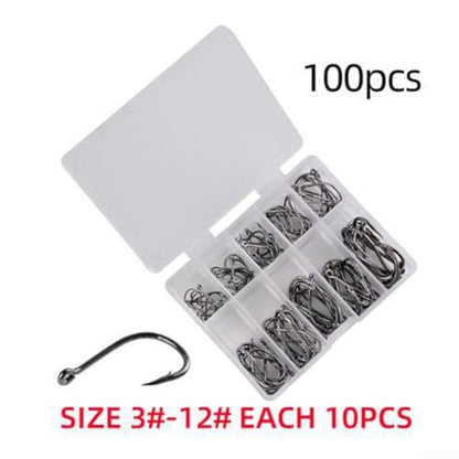 High Carbon Steel Fishing Hooks Set, Assorted Sizes Fly Fishing Hook Kit with Plastic Box, Barbed Terminal Tackle for Freshwater Saltwater Angling, 100 or 500 Pieces(100 per box) - size: 100 per box