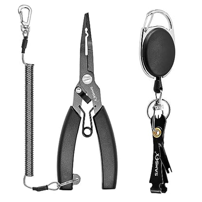 SAMSFX Locking Fishing Pliers Saltwater Resistant Teflon Coated Briad Line Cutters with Wire Coiled Lanyard, Sheath & Quick Knot Tool Combo - color: Black Color