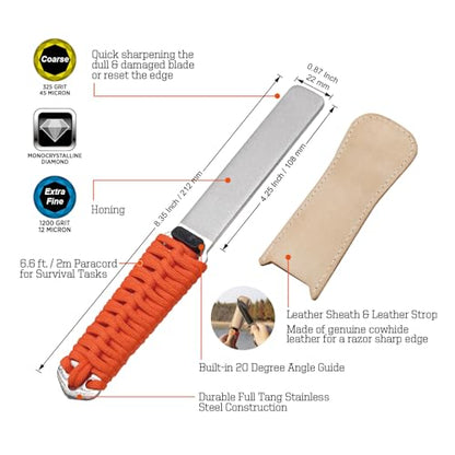 SHARPAL 181N Dual-Grit Diamond Sharpening Stone File | Garden Tool Knife Sharpener Coarse 325 / Extra Fine 1200 Grit, For Lawn Mower Blade, Axe, Hatchet, Hedge Shears - style: Paracord Handle with Leather Strop