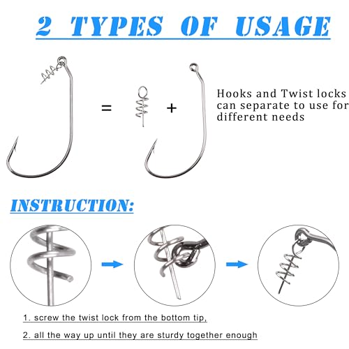 Twistlock Fishing Hooks,50pcs Bass Fishing Worm Hooks with Centering Pin Spring Unweighted Swimbait Hooks for Soft Plastics Lure Baits Saltwater Freshwater Size 1/0 2/0 3/0 4/0 5/0 - size: Size 2/0-50pcs