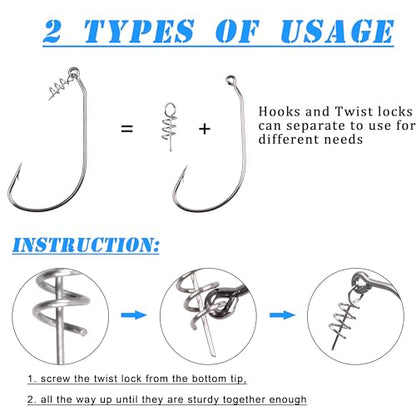 Twistlock Fishing Hooks,50pcs Bass Fishing Worm Hooks with Centering Pin Spring Unweighted Swimbait Hooks for Soft Plastics Lure Baits Saltwater Freshwater Size 1/0 2/0 3/0 4/0 5/0 - size: Size 2/0-50pcs