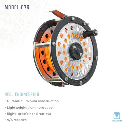 Martin Model 67R Fly Fishing Reel, Single Action, Metal Click Drag, Aluminum Construction, Line Guides, 6-Weight Floating Fly Line, Interchangeable Retrieve, Push-Button Release, Brown/Silver