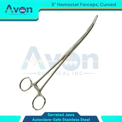 Stainless Steel Hemostat Forceps with Serrated Jaws, Curved, 8in Long - Locking - Fishing Pliers Multi-Purpose for Crafts and Nurses