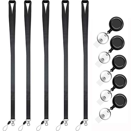 Foshine Lanyards with Retractable bagde Reel 5 pcs Black Lanyrd for Keys | Breakaway Safety Lanyard For ID Badge Holder - color: 5 Pack Lanyard With Retractable Badge Reel