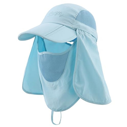 Connectyle Men's Foldable Baseball Sun Cap with Removable Face Mask Neck Flap Cover UPF 50+ Sun Protection Fishing Hiking Hat - color: Aqua Blue
