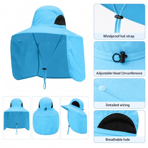 HUAMULAN Women Large Brim Sun Hat with Neck Flap, Men Quick Dry Hiking Fishing Safari Hat UPF 50+ - color: Yq005-blue