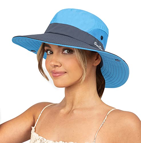 Sun Hat for Women Summer UV Protection Beach Hat Wide Brim Mesh Bucket Fishing Hat with Ponytail Hole Foldable Packable Hat - color: Blue(with Ponytail Hole)