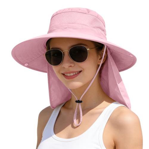 ZOORON Sun Hats for Men Women Fishing Hat with Neck Flap,UPF 50+ Sun Hat Waterproof Wide Brim Bucket Hats for Safari Hiking - color: 1-pink(neck Flap)