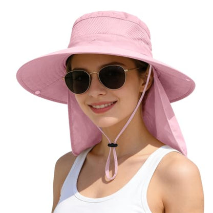 ZOORON Sun Hats for Men Women Fishing Hat with Neck Flap,UPF 50+ Sun Hat Waterproof Wide Brim Bucket Hats for Safari Hiking - color: 1-pink(neck Flap)