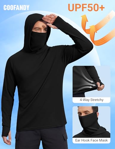 COOFANDY Mens UPF 50+ Sun Protection Hoodie with Mask Lightweight Long Sleeve SPF Fishing Shirts UV Hiking Running Rash Guard - color: Black, size: Large