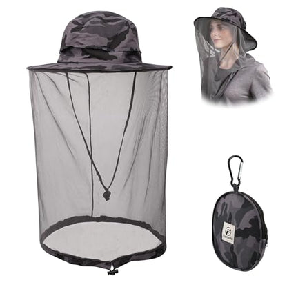 Flammi Mosquito Net Hat Safari Hat UPF 50+ Sun Protection Boonie Hats for Men with Neck Flap Fishing Hiking Hat for Men/Women - color: Camo-dark Grey