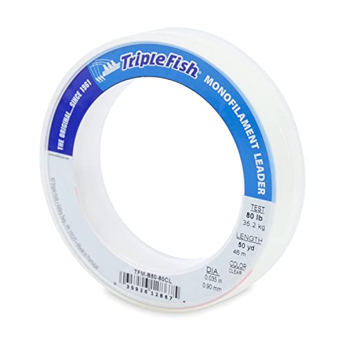 Triple Fish Monofilament Fishing Leader - Clear, Camo Strong Tough Leader Material for Big Game Fishing, Up to 400lb Test - color: Clear, style: 80 Lb Test, 0.90 Mm Dia, 50 Yd