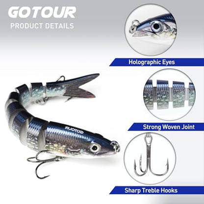 GOTOUR Jointed Swimbaits, Easy Catch Fishing Lures for Bass Trout Crappie | Wiggling Vibrating Rattling Gurgling for More Bites, Heavy-Duty Dyneema Fiber, Slow Sinking, Fresh & Saltwater Fishing Baits - color: A3-5"-0.8oz