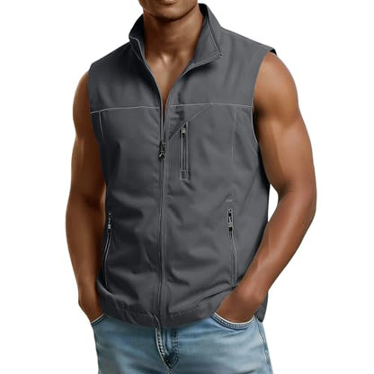 Mens Golf Vest Waterproof Fishing Shirt Zip Up Sleeveless Jacket with Pockets Outdoor Camping Hiking Shirts Travel Photo Vest - color: A06 Gray, size: X-Large