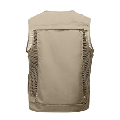 Men's Fishing Vest Casual Utility Lightweight Cargo Vest with Multi Pockets Outdoor Safari Photo Travel Jacket Vest - color: Y001- Khaki, size: Medium