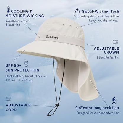 TOP-EX Cooling Sun Hat with Neck Flap – UPF 50+ Wide Brim Breathable Hat for Hiking, Fishing & Big Heads - color: Glacier Grey, size: Medium-Large
