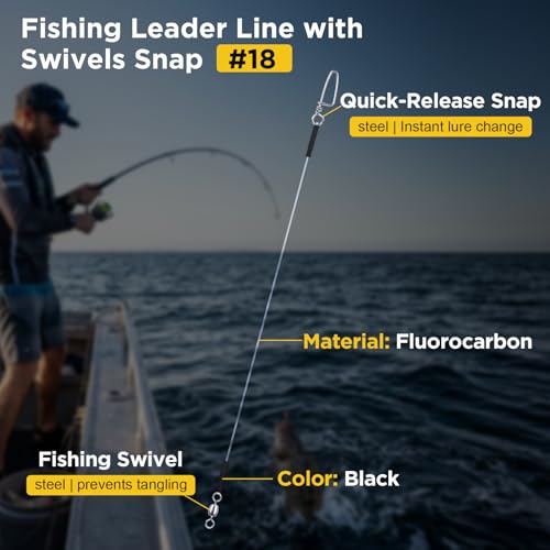 DONQL 15PCS Fluorocarbon Fishing Leaders with Swivel Snaps Connects Lures Bait or Hooks Wire Leaders Line for Saltwater Freshwater Ideal for Bass, Trout, Pike - size: #18 30cm/11.81inch Endurance: 23lb