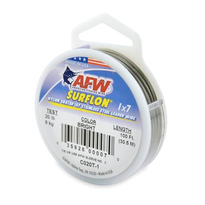 American Fishing Wire Surflon Nylon Coated 1x7 Stainless Steel Wire Leader - Wire Fishing Leader Line for Saltwater 10lb Up To 250lb Test in Bright, Black, Camo in 30ft, 100ft, 300ft, & 1000ft Lengths - color: Bright, style: 100 Feet, 20 Pound Test