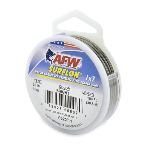 American Fishing Wire Surflon Nylon Coated 1x7 Stainless Steel Wire Leader - Wire Fishing Leader Line for Saltwater 10lb Up To 250lb Test in Bright, Black, Camo in 30ft, 100ft, 300ft, & 1000ft Lengths - color: Bright, style: 100 Feet, 20 Pound Test