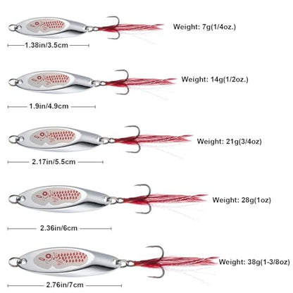 Goture Metal Spoon Trout Lures - Long Distance Casting for Trout, Bass, Crappie, Pike, Salmon - Saltwater & Freshwater - 1/4oz to 1-3/8oz Jigging Spoons - color: A:10pcs Fishing Spoons with Feather, size: 1/4 oz