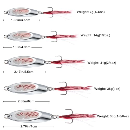 Goture Metal Spoon Trout Lures - Long Distance Casting for Trout, Bass, Crappie, Pike, Salmon - Saltwater & Freshwater - 1/4oz to 1-3/8oz Jigging Spoons - color: A:10pcs Fishing Spoons with Feather, size: 1/2 oz