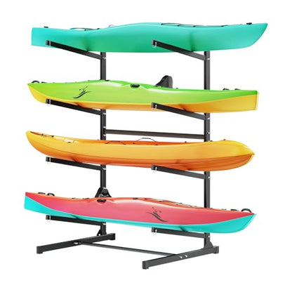 VEVOR Kayak Storage Rack, Heavy Duty Adjustable Freestanding Stand with Lockable Wheels for Indoor Outdoor Garage Shed Dock, Holder for Canoe, SUP, Surfboard & Paddleboard - style: Stand-4 Kayaks-black