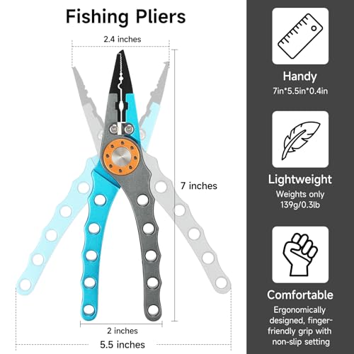 SANLIKE Aluminum Fishing Pliers Hook Remover Tungsten Carbide Braid Cutters | Tungsten Carbide Cutters Saltwater Resistant with Coiled Lanyard & Sheath - color: Light Blue