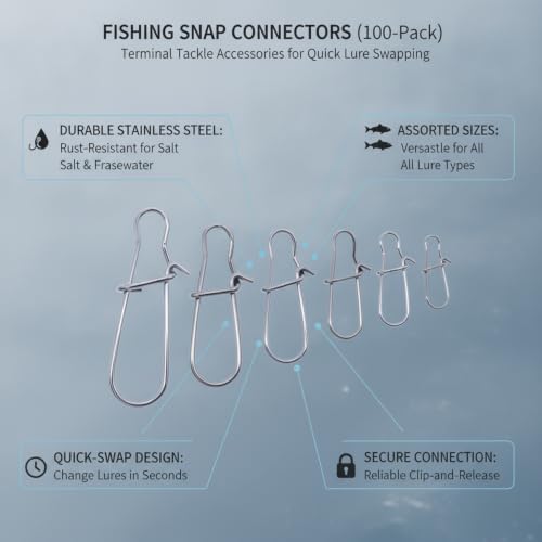 100-Pack Fishing Snap Connectors, Stainless Steel Lure Snaps for Quick Tackle Swapping, Assorted Sizes Saltwater and Freshwater Terminal Tackle Accessories - size: 2.17 x 1.77 x 0.59"