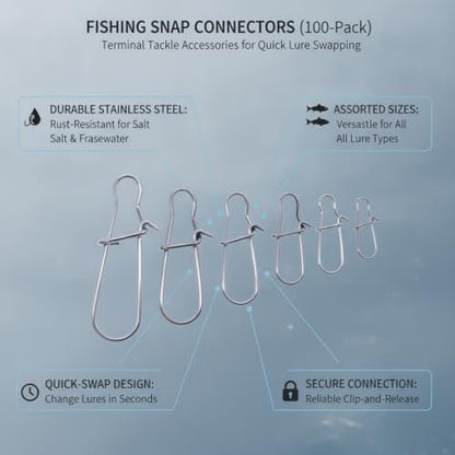 100-Pack Fishing Snap Connectors, Stainless Steel Lure Snaps for Quick Tackle Swapping, Assorted Sizes Saltwater and Freshwater Terminal Tackle Accessories - size: 2.17 x 1.77 x 0.59"