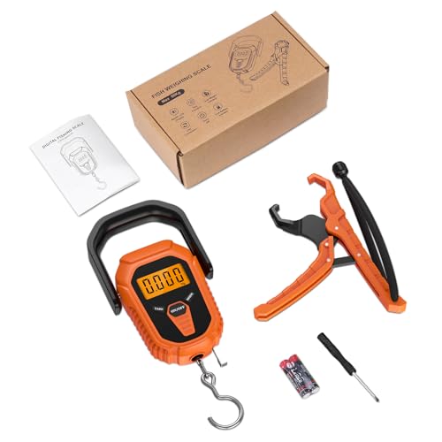 Fish Scale, Waterproof Floating Fishing Scale with Lip Gripper, 110lb/50kg Hanging Digital Fish Digital Scale, Floating with LCD Backlit, Tape Measure for Fishing Hunting, Batteries Included - color: Orange