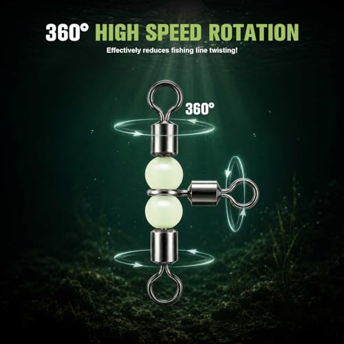 Goture Fishing Swivels, 3 Way Swivels Fishing Tackle, T Shape Cross Line Rolling Swivel with Luminous Beads Saltwater Freshwater,6 Sizes Three Way Barrel Swivel with Removable Dividers Tackle Box