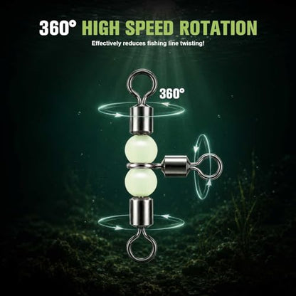 Goture Fishing Swivels, 3 Way Swivels Fishing Tackle, T Shape Cross Line Rolling Swivel with Luminous Beads Saltwater Freshwater,6 Sizes Three Way Barrel Swivel with Removable Dividers Tackle Box